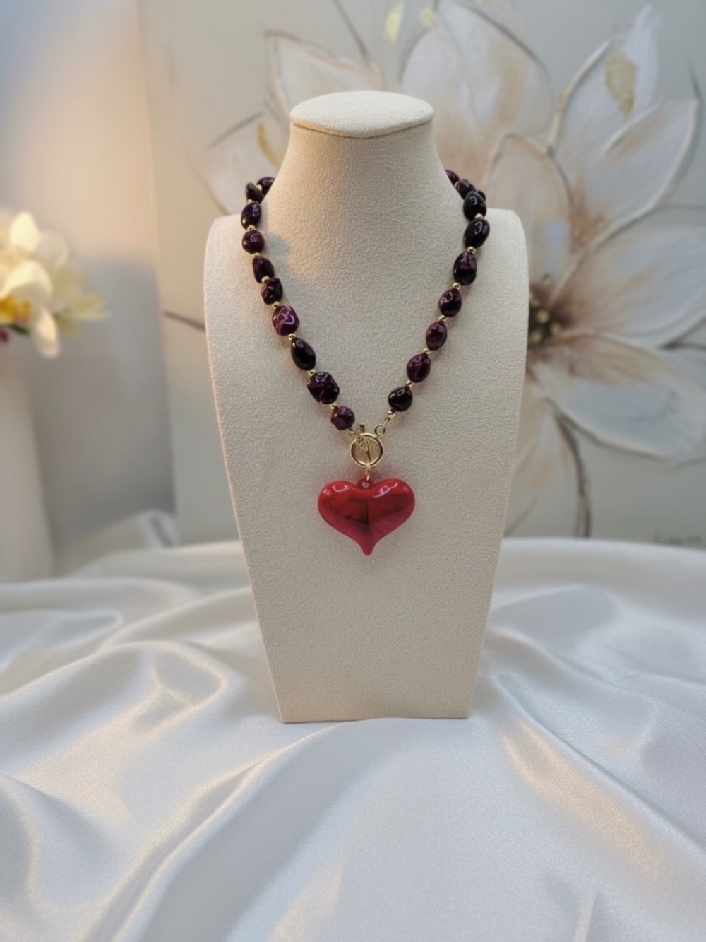 Dark Cherry Cola statement Heart Pendant Toggle Necklace, Burgundy Beaded